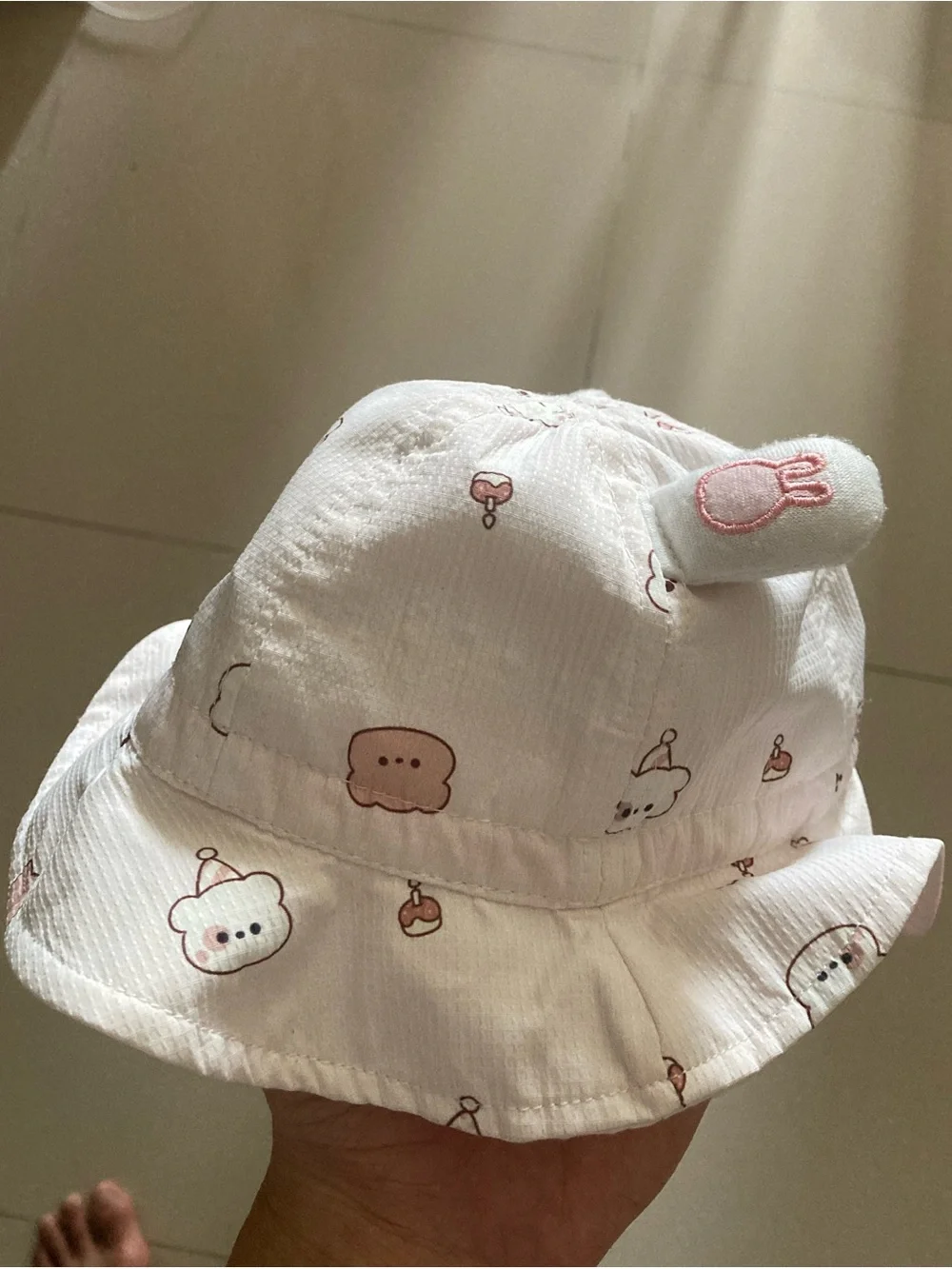 Cute White Bunny & Bear Printed Bucket Hat for Kids